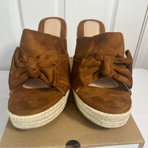 Brown Platform Espadrilles Slip On Wedge Sandals Bow Tie Womens 8.5 New - Picture 8 of 13